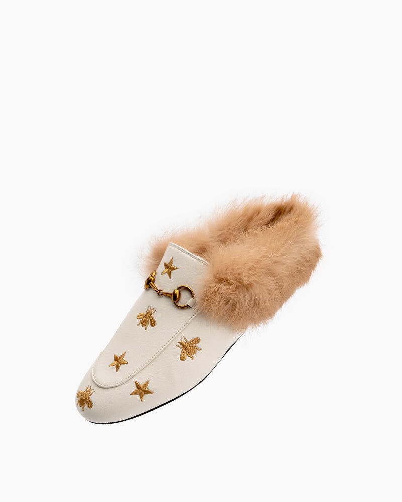 Horsebit-Bee-Star-Embroidered-Furry-Fur-Slip-on-Mules