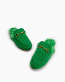 Horsebit-Classic-Metal-Buckle-Green-Lambswool-Slip-On-Backless-flat-Mules