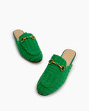 Horsebit-Classic-Metal-Buckle-Green-Lambswool-Slip-On-Backless-flat-Mules