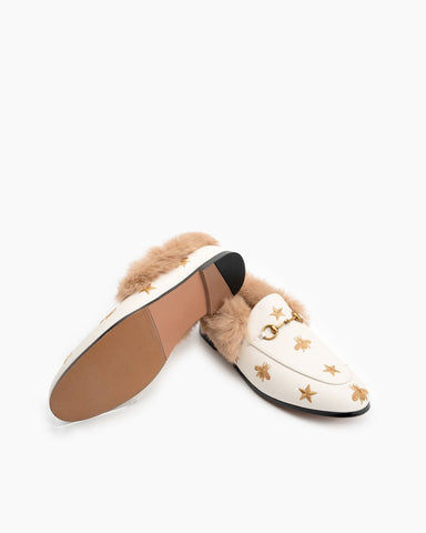 Classic-Horsebit-Bee-Star-Embroidered-Fur-Flat-Leather-Loafers