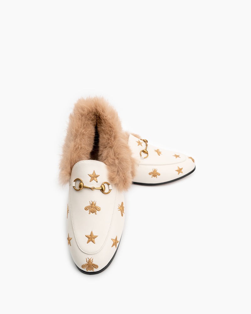 Classic-Horsebit-Bee-Star-Embroidered-Fur-Flat-Leather-Loafers