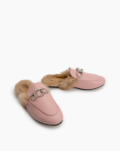 Rhinestone-Metal-Chain-Decor-Flat-Leather-fur-Slip-On-Backless-Mules