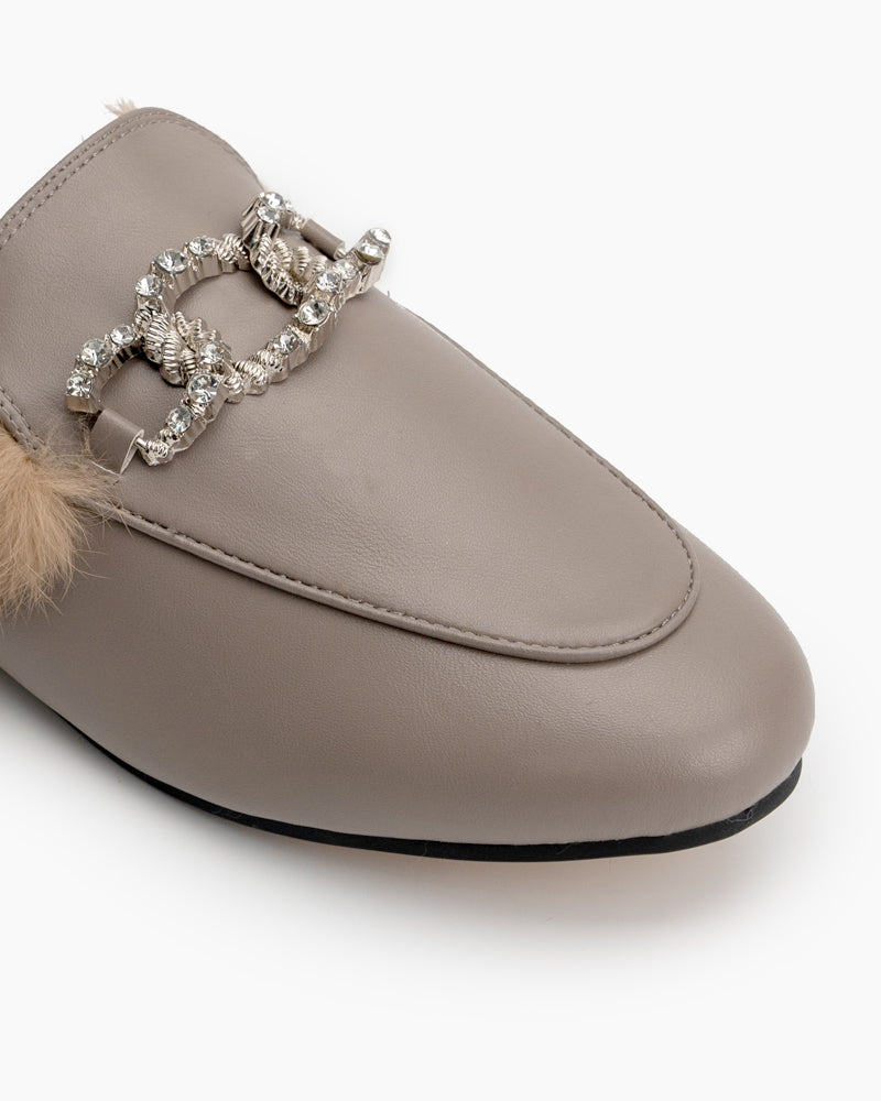 Rhinestone-Metal-Chain-Decor-Flat-Leather-fur-Slip-On-Backless-Mules