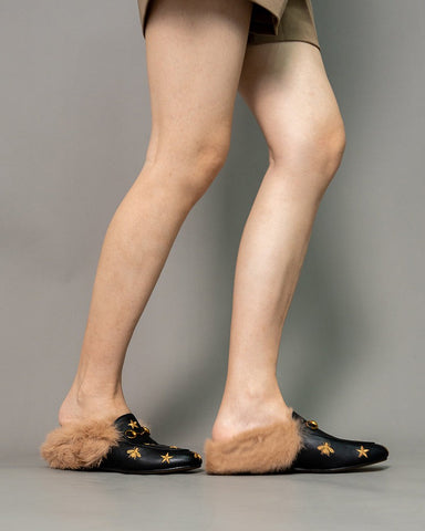 Horsebit-Bee-Star-Embroidered-Furry-Fur-Slip-on-Mules