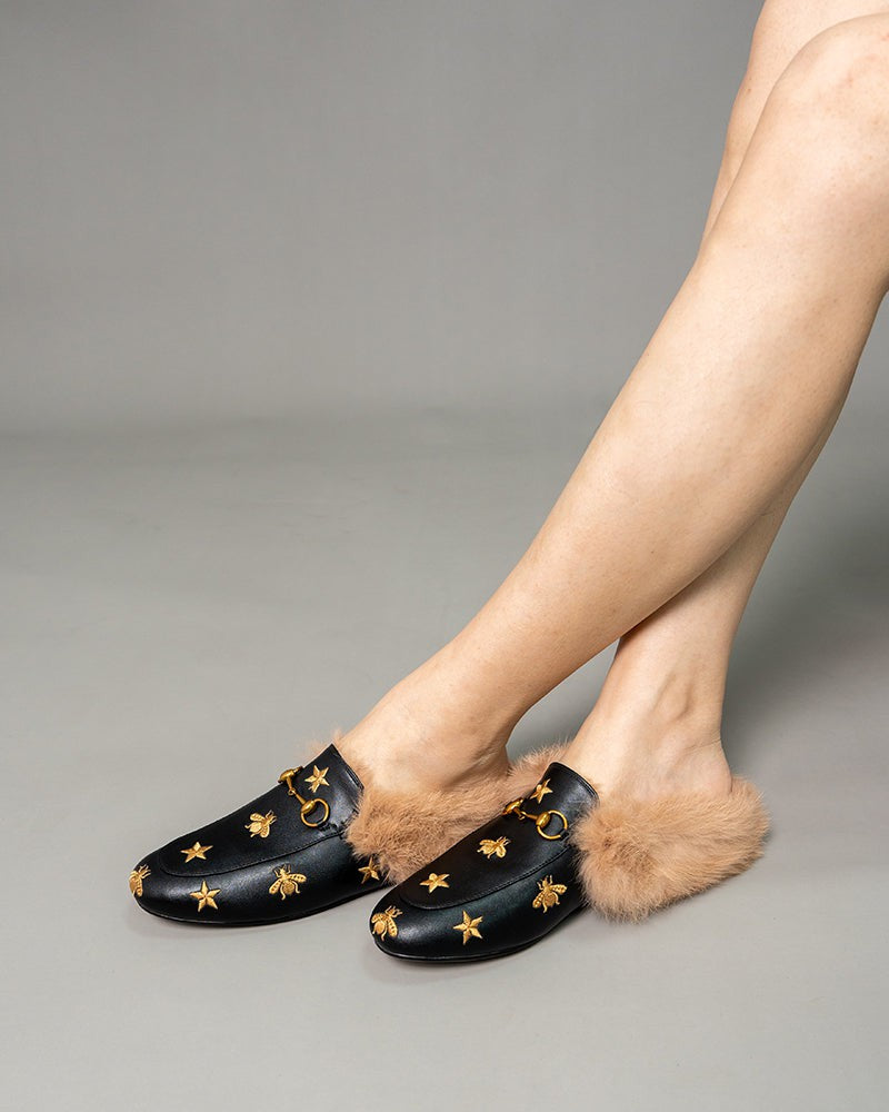 Horsebit-Bee-Star-Embroidered-Furry-Fur-Slip-on-Mules