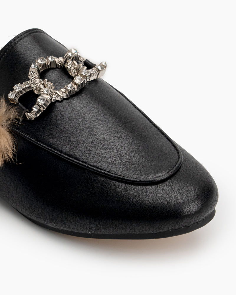 Rhinestone-Metal-Chain-Decor-Flat-Leather-fur-Slip-On-Backless-Mules