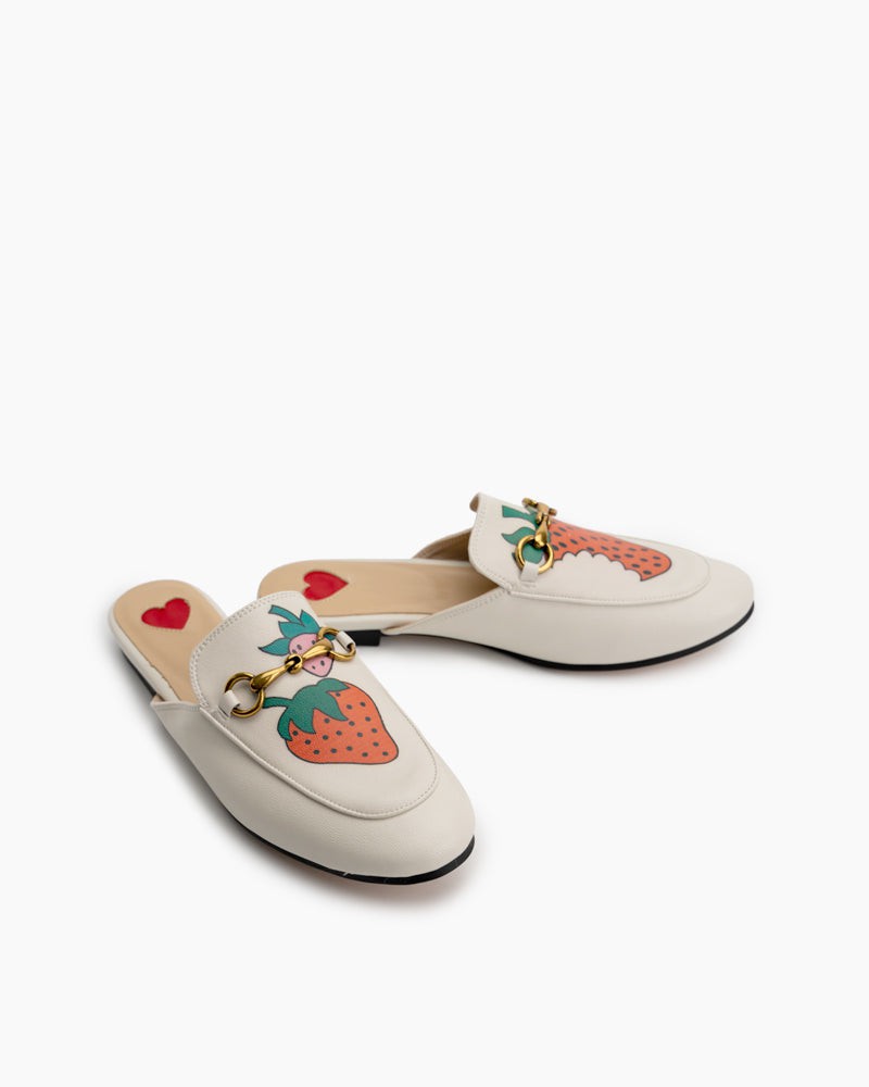 Horsebit-Classic-Metal-Buckle-Strawberry-Pattern-Leather-Slip-On-Backless-Mules