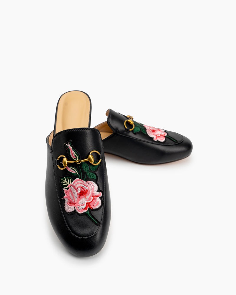 Horsebit-Floral-Embroidery-Vamp-Backless-Slip-On-Mules-Slippers