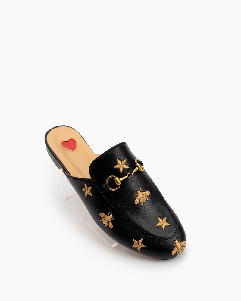 Classic-Horsebit-Heart-Metal-Buckle-Bee-Embroidery-Pattern-Flat-Mules