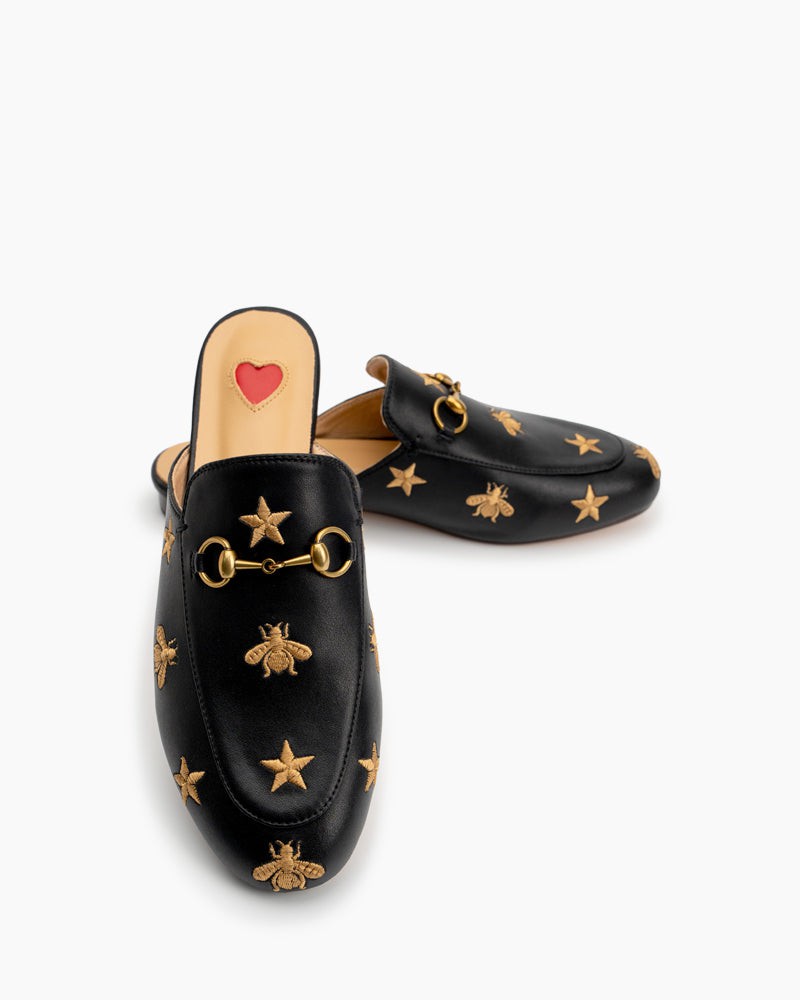 Classic-Horsebit-Heart-Metal-Buckle-Bee-Embroidery-Pattern-Flat-Mules