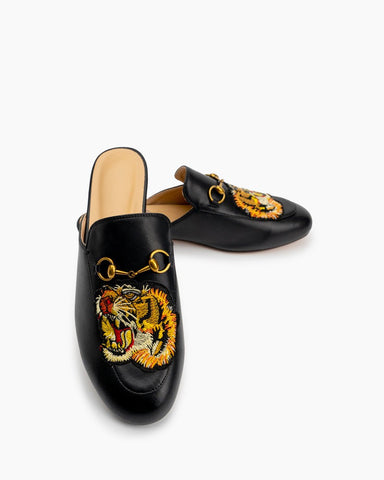 Horsebit-Casual-Fashion-Leather-Tiger-Pattern-Flat-Slippers-Mules