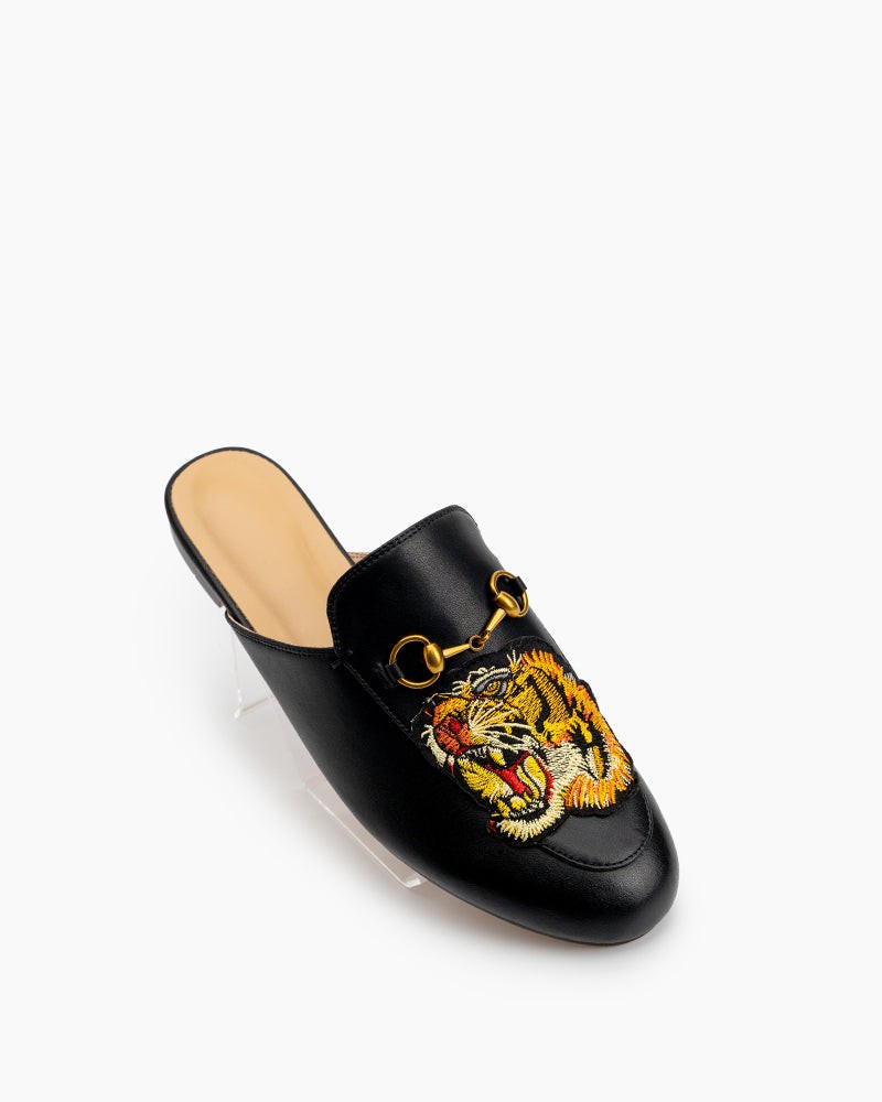 Horsebit-Casual-Fashion-Leather-Tiger-Pattern-Flat-Slippers-Mules