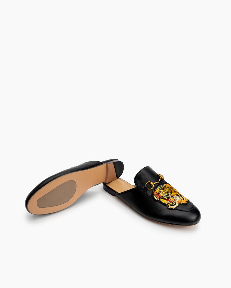 Horsebit-Casual-Fashion-Leather-Tiger-Pattern-Flat-Slippers-Mules