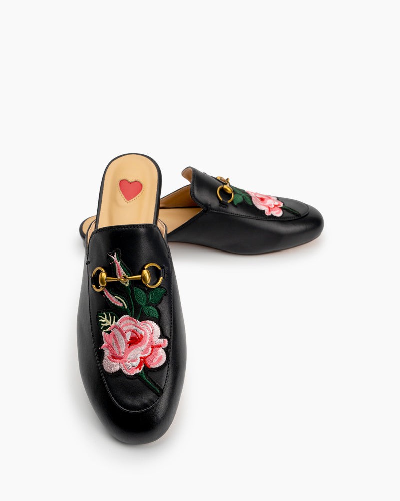 Classic-Horsebit-Heart-Metal-Buckle-Bee-Embroidery-Pattern-Flat-Mules