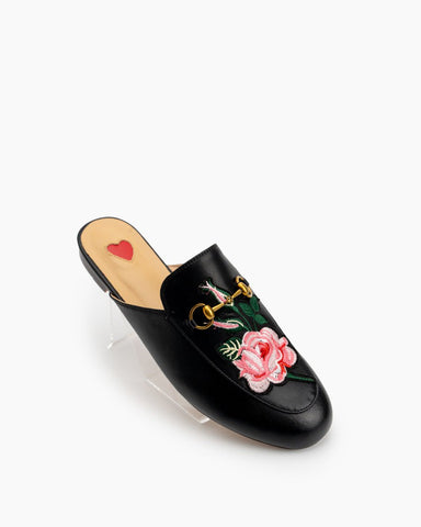 Classic-Horsebit-Heart-Metal-Buckle-Bee-Embroidery-Pattern-Flat-Mules