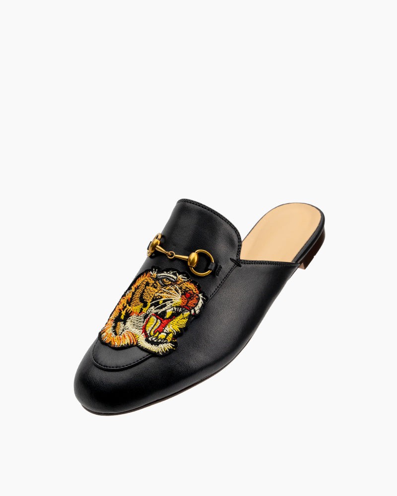 Horsebit-Casual-Fashion-Leather-Tiger-Pattern-Flat-Slippers-Mules