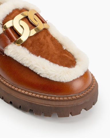 Metal Decor Leather Plush Comfy Loafers Fur chunky platform