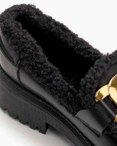 Metal Decor Leather Plush Comfy Loafers Fur chunky platform