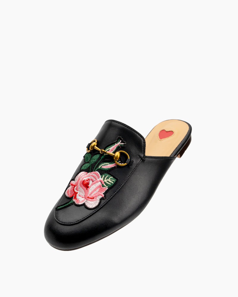 Classic-Horsebit-Heart-Metal-Buckle-Bee-Embroidery-Pattern-Flat-Mules