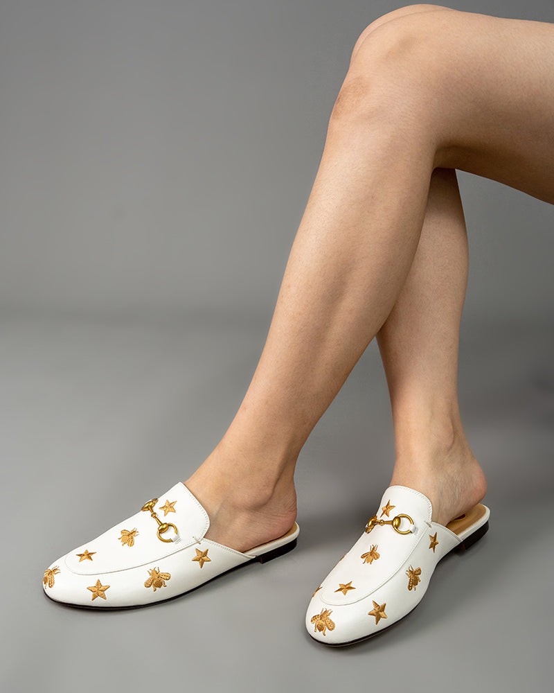 Classic-Horsebit-Heart-Metal-Buckle-Bee-Embroidery-Pattern-Flat-Mules