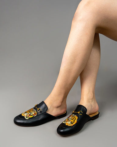 Horsebit-Casual-Fashion-Leather-Tiger-Pattern-Flat-Slippers-Mules