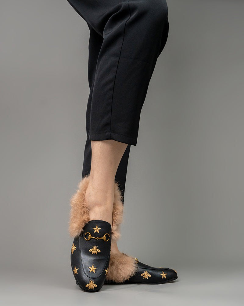 Classic-Horsebit-Bee-Star-Embroidered-Fur-Flat-Leather-Loafers
