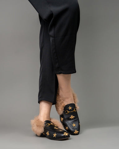 Classic-Horsebit-Bee-Star-Embroidered-Fur-Flat-Leather-Loafers