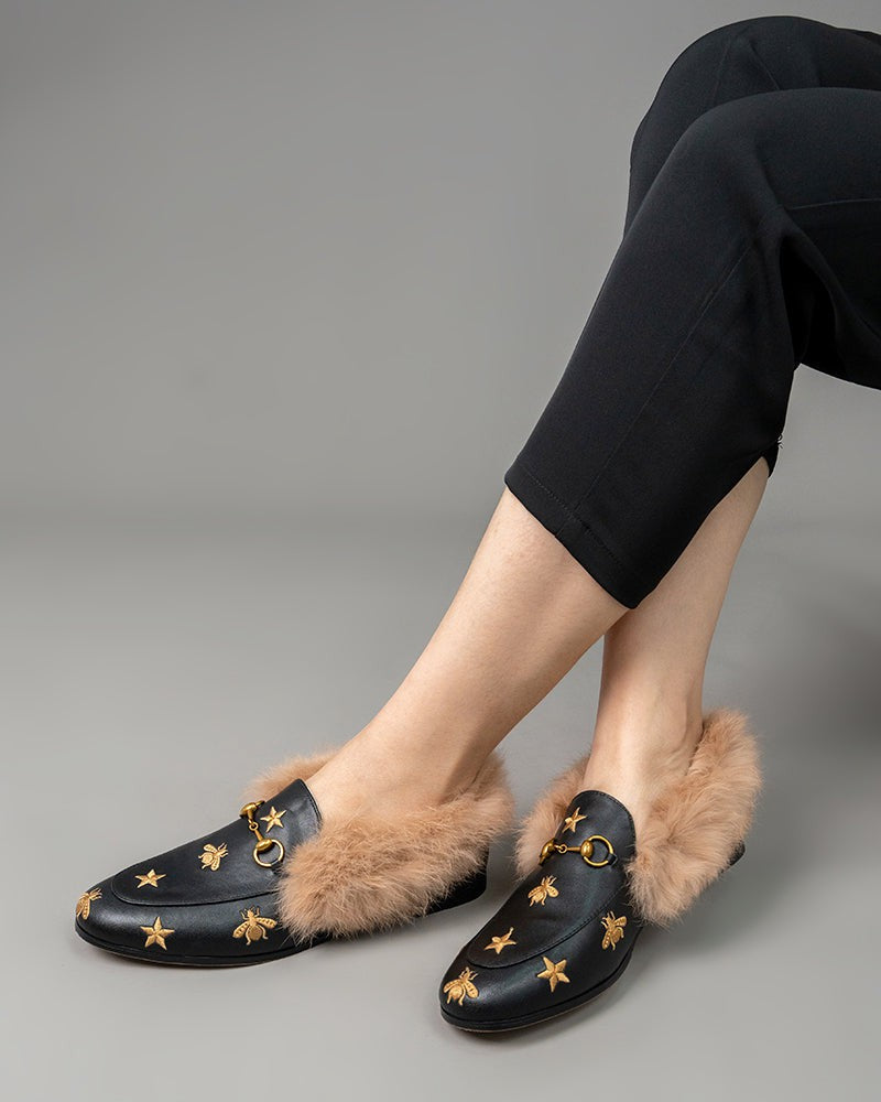 Classic-Horsebit-Bee-Star-Embroidered-Fur-Flat-Leather-Loafers