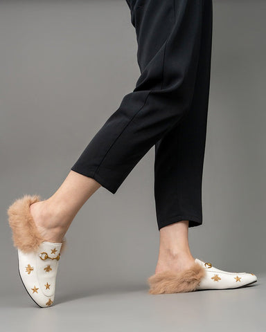 Horsebit-Bee-Star-Embroidered-Furry-Fur-Slip-on-Mules