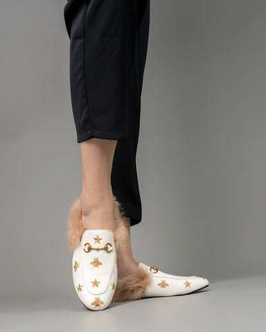 Horsebit-Bee-Star-Embroidered-Furry-Fur-Slip-on-Mules