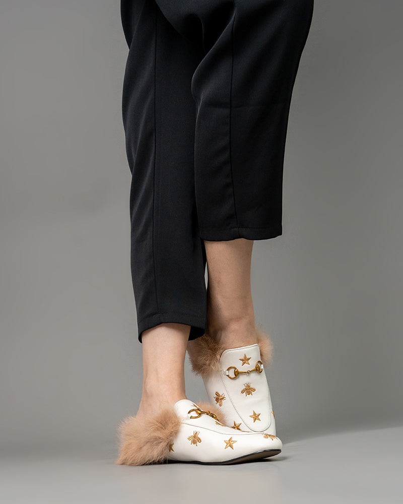 Horsebit-Bee-Star-Embroidered-Furry-Fur-Slip-on-Mules