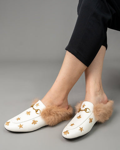 Horsebit-Bee-Star-Embroidered-Furry-Fur-Slip-on-Mules