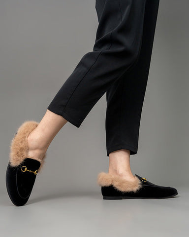 Classic-Horsebit-Velvet-Fur-Flat-Loafers
