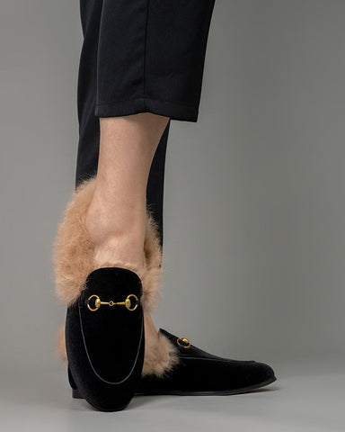 Classic-Horsebit-Velvet-Fur-Flat-Loafers