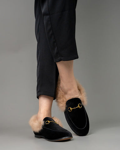 Classic-Horsebit-Velvet-Fur-Flat-Loafers