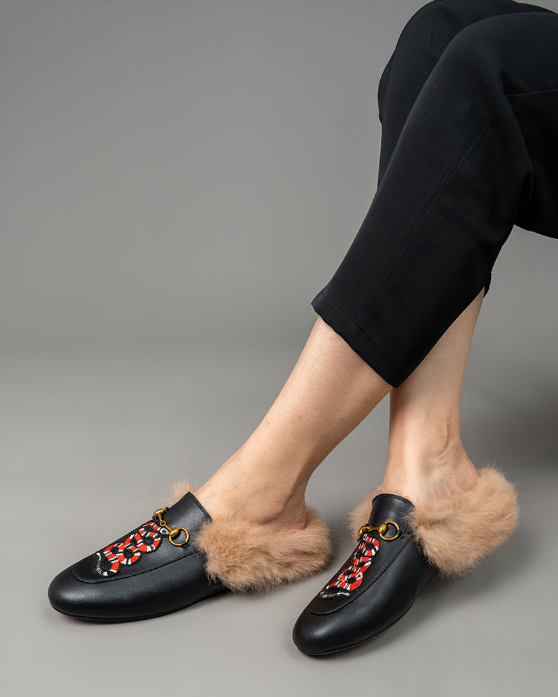 Horsebit-Casual-Buckle-Furry-Embroidery-Flat-Mules-Slippers