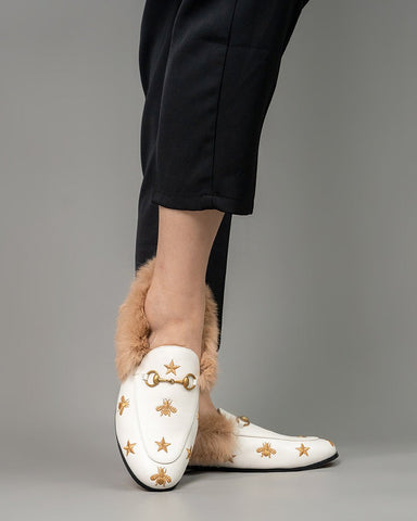 Classic-Horsebit-Bee-Star-Embroidered-Fur-Flat-Leather-Loafers