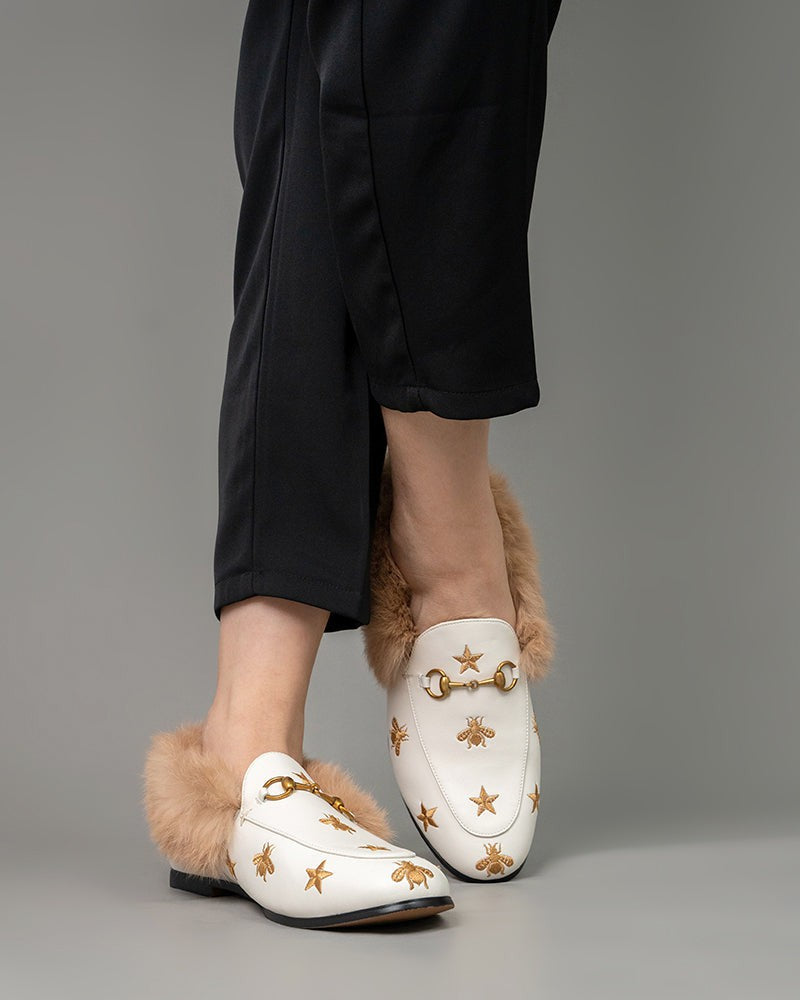 Classic-Horsebit-Bee-Star-Embroidered-Fur-Flat-Leather-Loafers