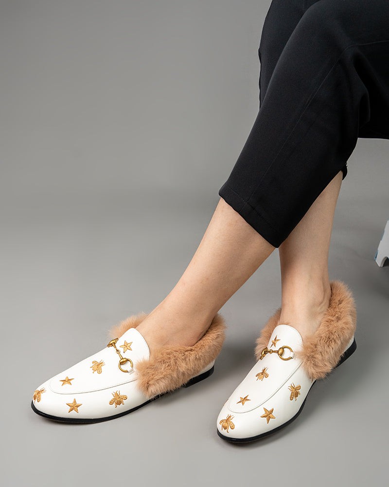 Classic-Horsebit-Bee-Star-Embroidered-Fur-Flat-Leather-Loafers