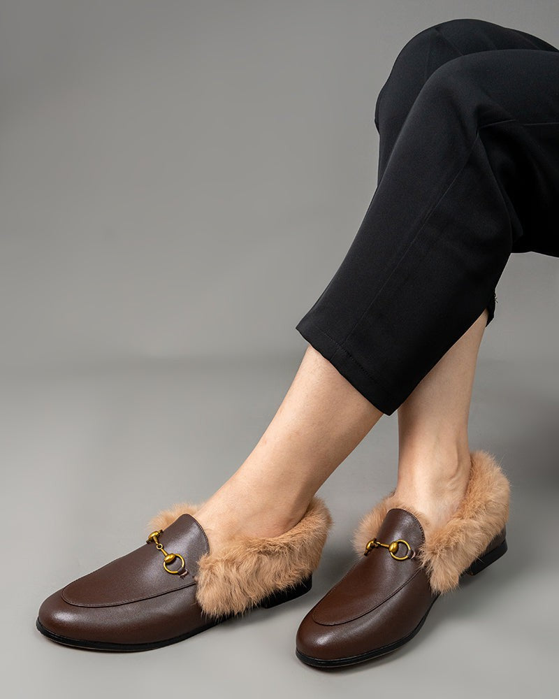 Horsebit-Chain-Fur-Flat-Leather-Slip-on-Penny-Loafers