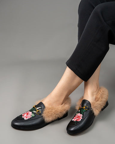 Horsebit-Classic-Metal-Buckle-Embroidered-Leather-Square-Toe-Fur-Loafers
