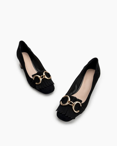 Suede Tassel Chain Decor Block Heel Loafers