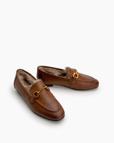 Metal-Buckle-Fluffy-Leather-Fur-Flat-Loafers