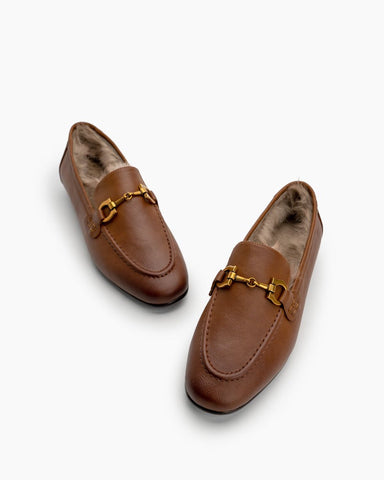 Metal-Buckle-Fluffy-Leather-Fur-Flat-Loafers