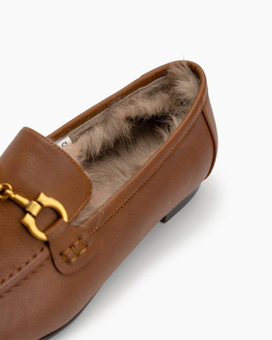 Metal-Buckle-Fluffy-Leather-Fur-Flat-Loafers