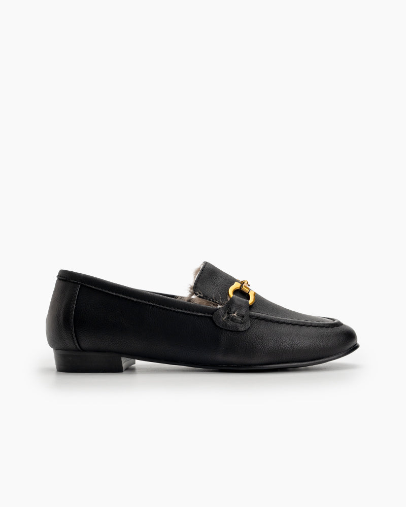 Metal-Buckle-Fluffy-Leather-Fur-Flat-Loafers