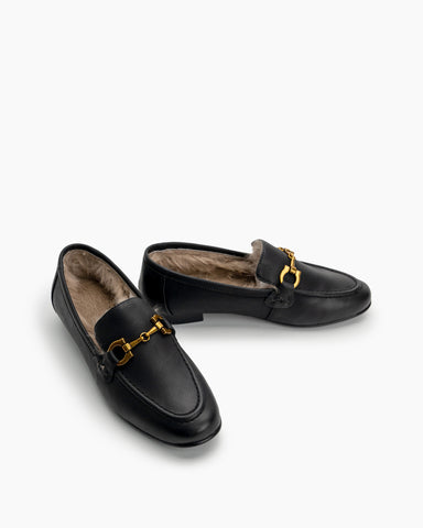 Metal-Buckle-Fluffy-Leather-Fur-Flat-Loafers