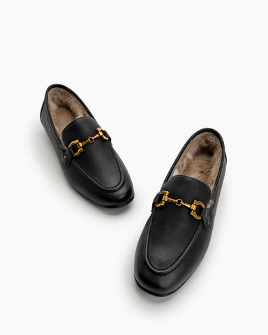 Metal-Buckle-Fluffy-Leather-Fur-Flat-Loafers