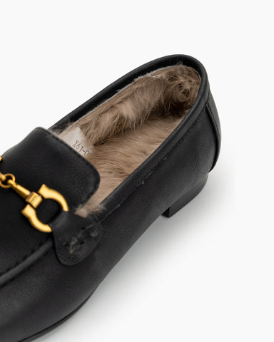 Metal-Buckle-Fluffy-Leather-Fur-Flat-Loafers