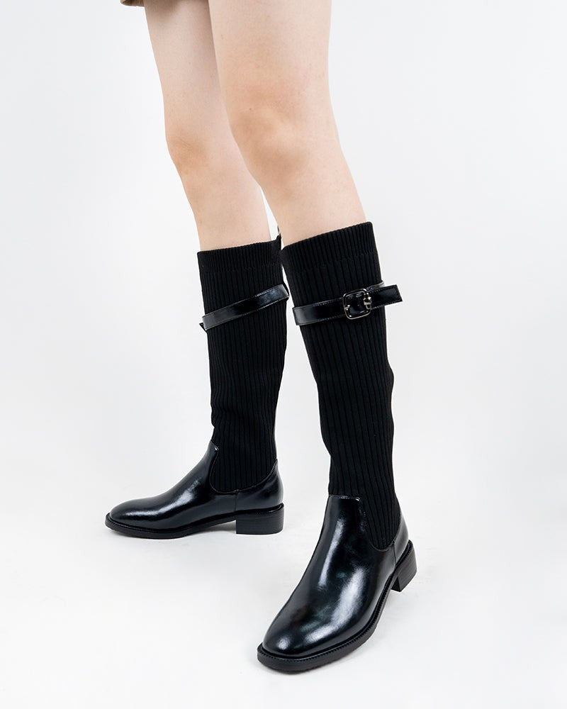Retro-Metal-Buckle-Stretch-Knitted-Knee-High-Boots